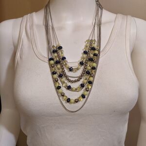 Vintage yellow, blue, silver multi layer long necklace